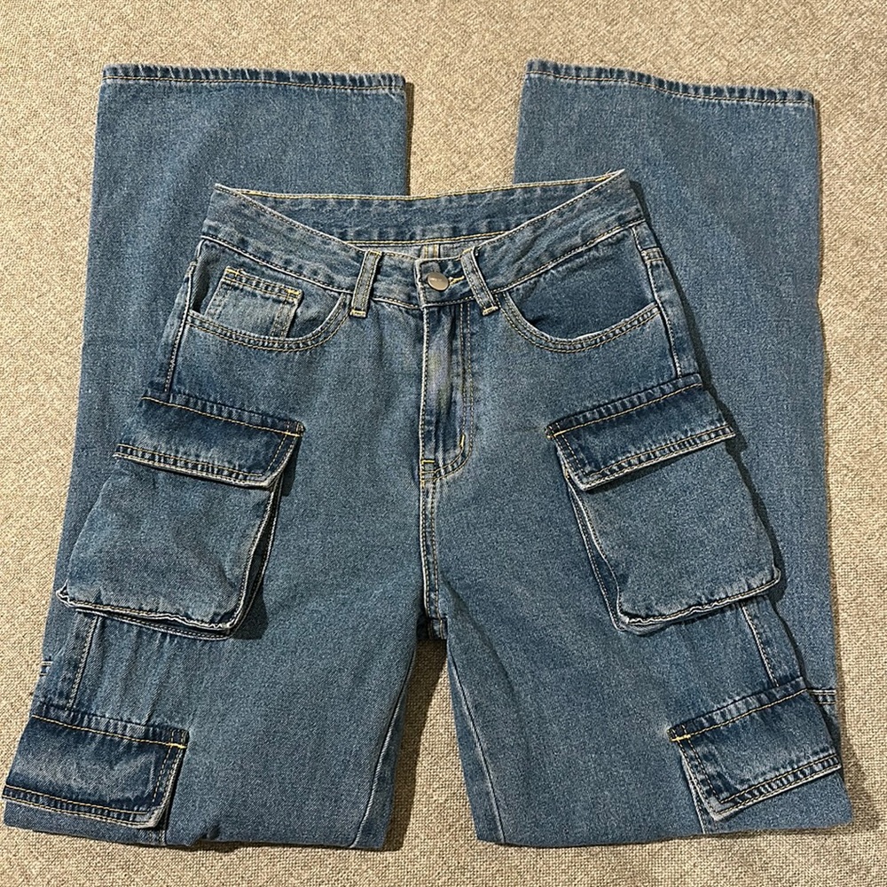 MakeMeChic High Waist Cargo Blue Jeans